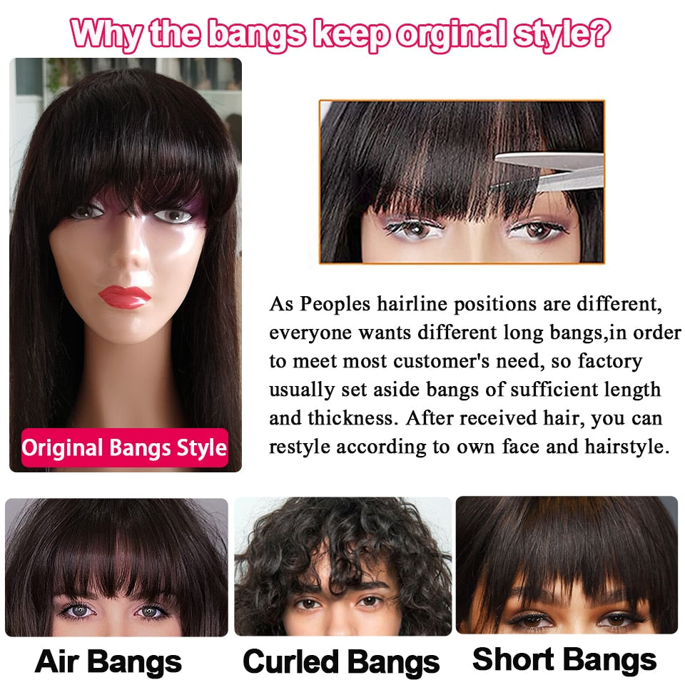 Fringe Bangs Silky Straight Brazilian Remy Hair Glueless Wig
