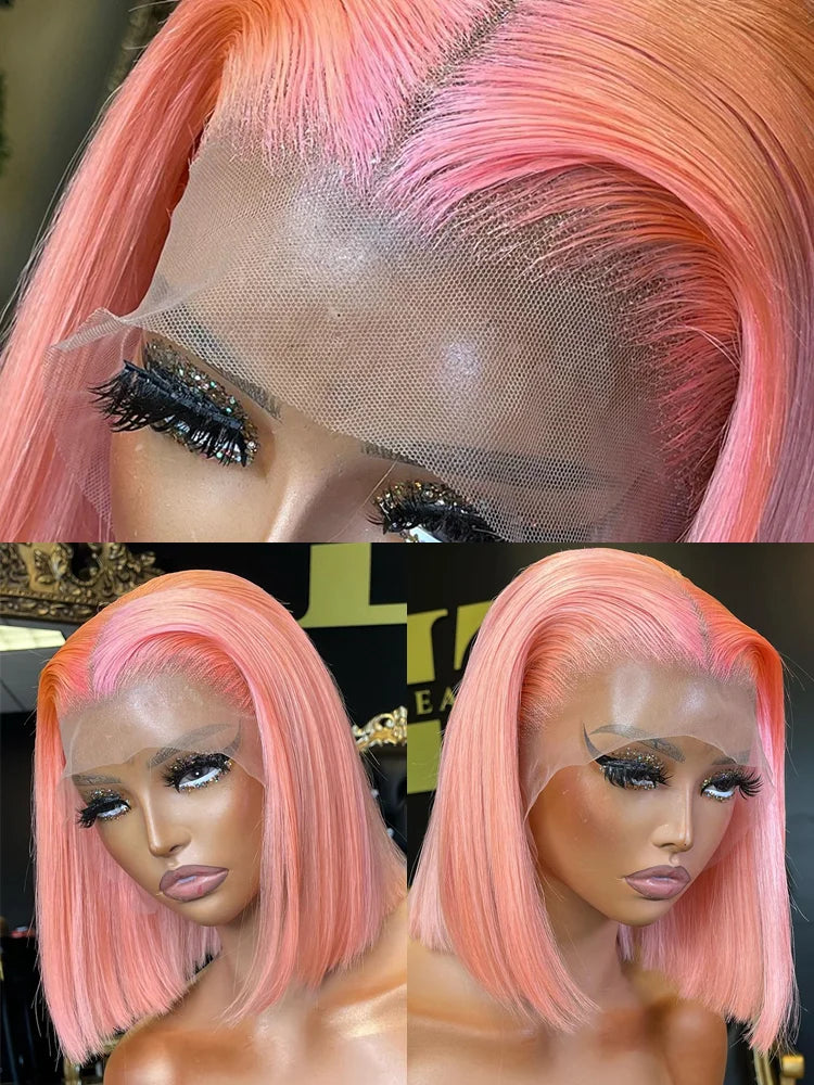 Rose Pink Short Brazilian Straight Transparent Lace Front Wig