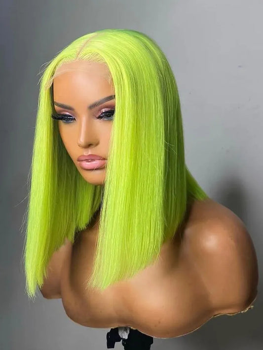 Lime Green Glueless Bob Brazilian Straight Lace Front Wigs