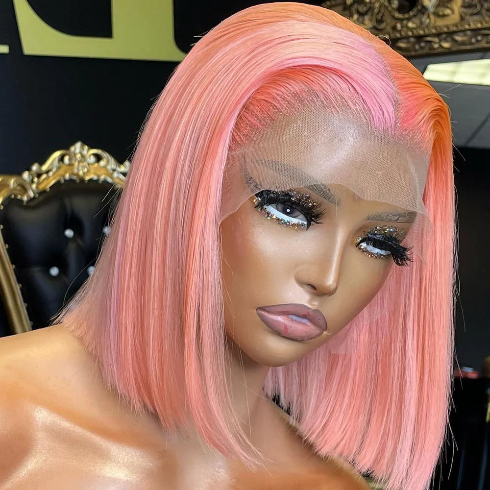Rose Pink Short Brazilian Straight Transparent Lace Front Wig