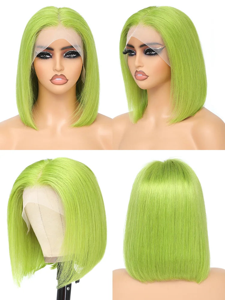 Lime Green Glueless Bob Brazilian Straight Lace Front Wigs