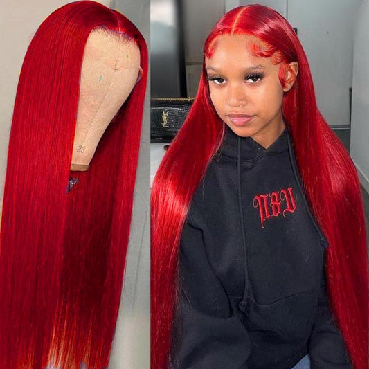 Hot Red Straight Transparent Lace Frontal Wig