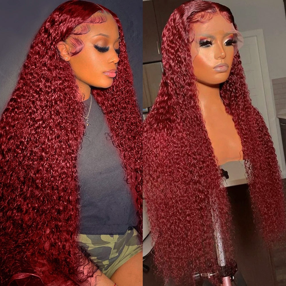 99J Burgundy Deep Wave Curly Lace Frontal Wig