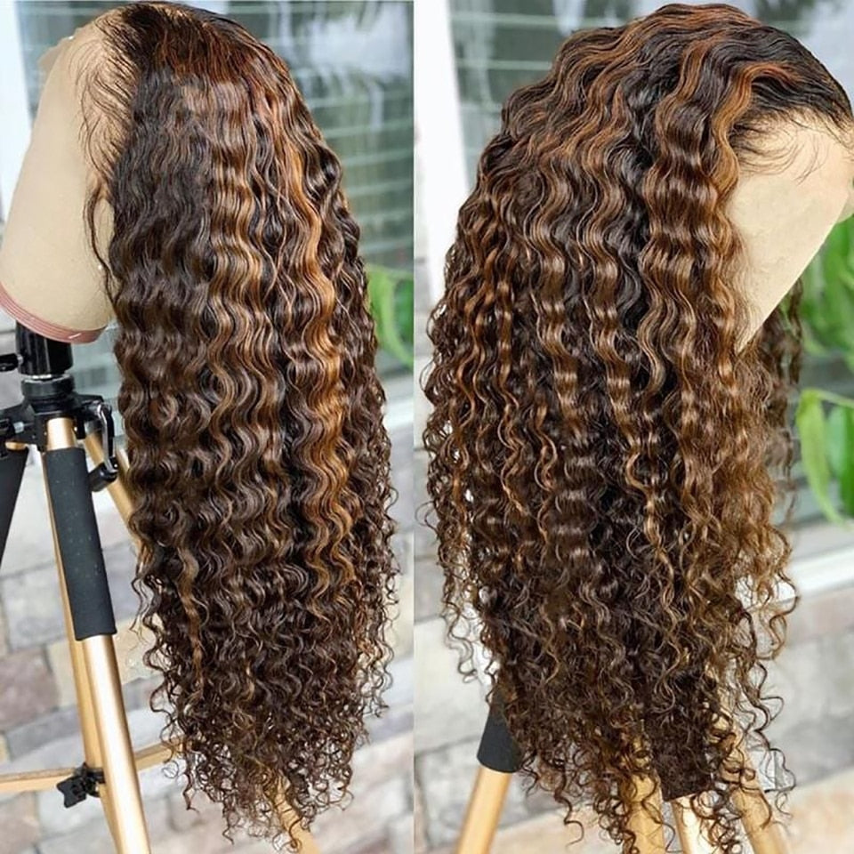 Honey Blonde Ombre Colored Deep Wave Frontal Wig