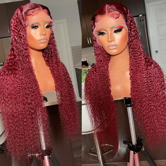 99J Burgundy Deep Wave Curly Lace Frontal Wig