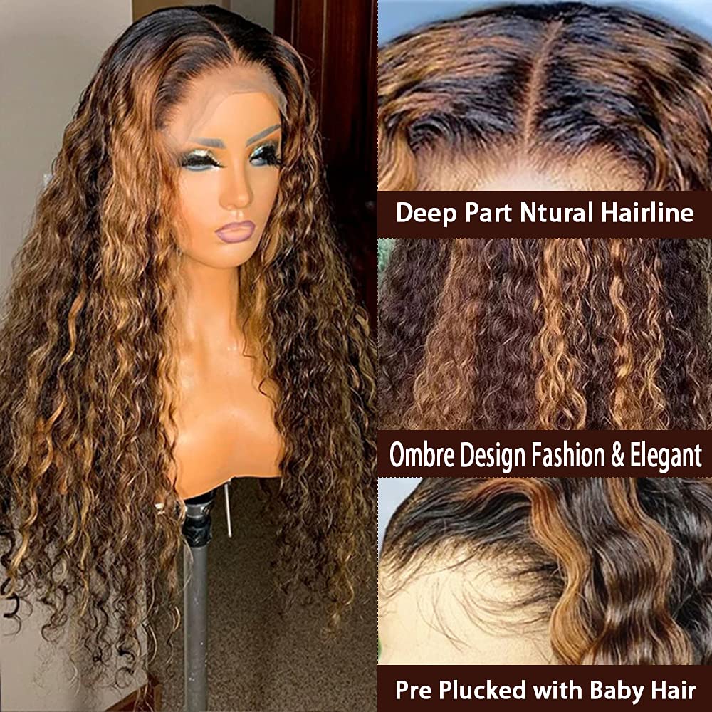 Honey Blonde Ombre Colored Deep Wave Frontal Wig